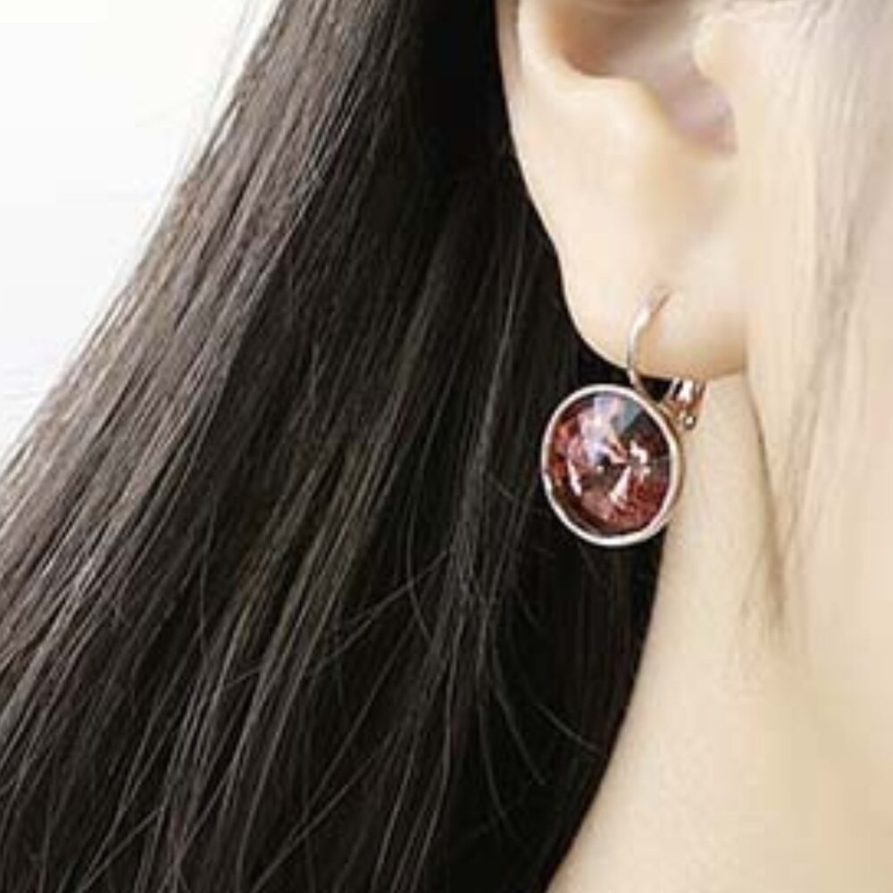 Silver Round Garnet Brown Diamond Crystal Drop Hoop Earrings Gorgeous Gift - Picture 6 of 6